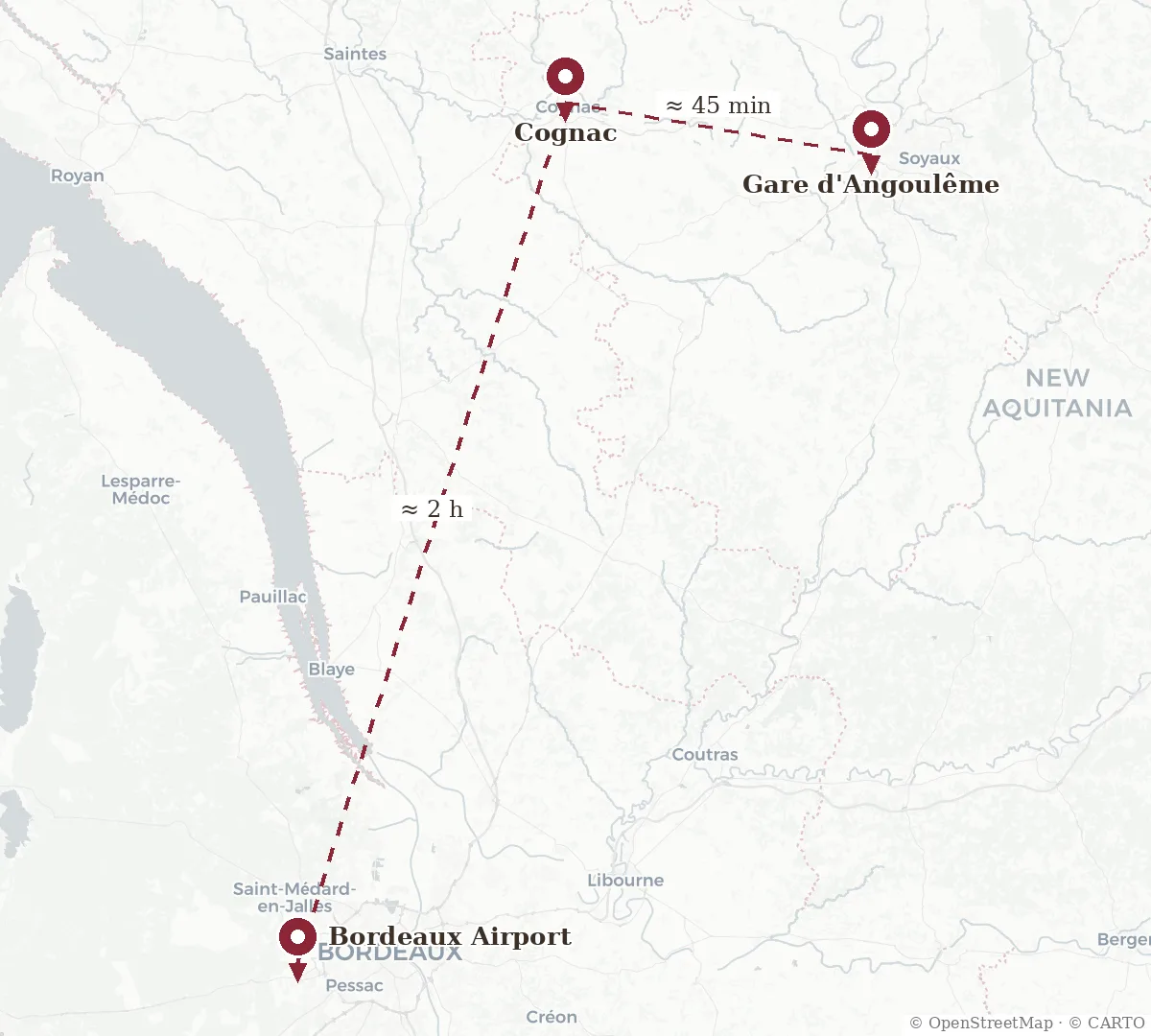 Bordeaux Airport and Gare d'Angoulême to Cognac